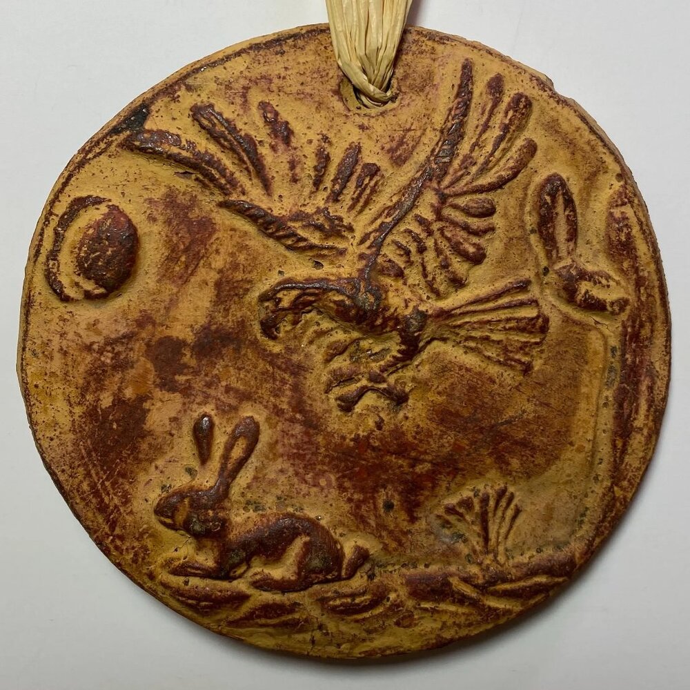 Mexican Clay Wall Hanging Rustic Pottery Sun Eagle Rabbit Vintage Folk Art Decor